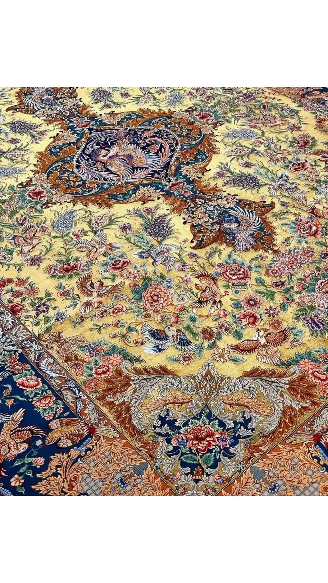 "Detailed view of wool and silk weave in an Isfahan Persian rug."